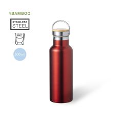 Termoflaska i metallisk färg med bambulock och bärhandtag